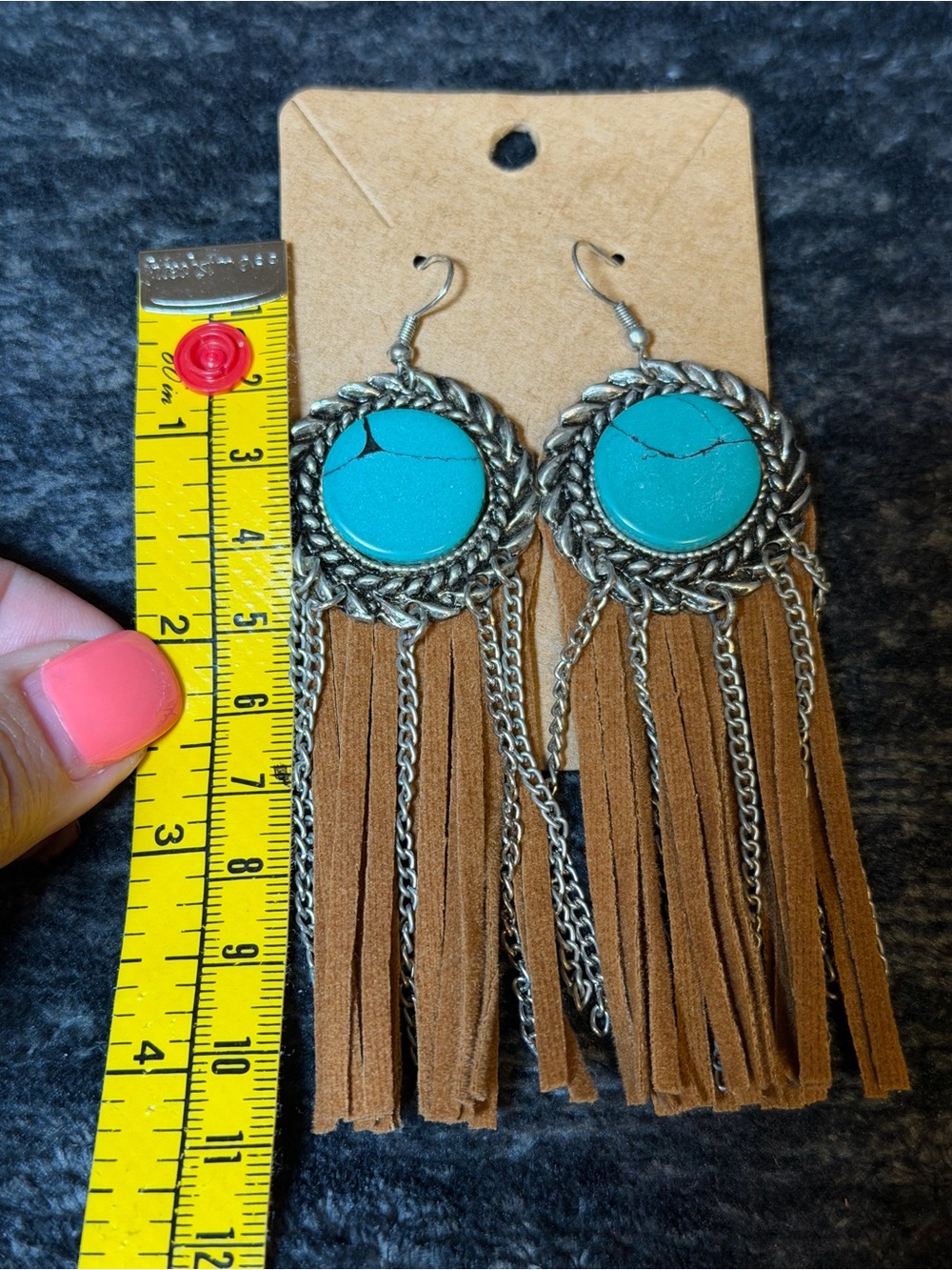 Western Turquoise Fringe Tassel Dangle Earrings Boho Cowgirl Brown - Picture 3 of 5